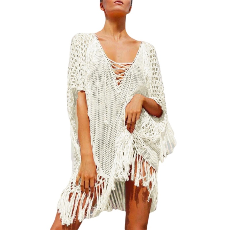Nơi bán EOZY New 2017 Womens Swimwear Beachwear Blush Plunging V Neck Lace
Up Fishnet Fringe Kaftan Tassels Cover Up Beach Blouse Dress Tops
(White) - intl