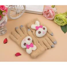 Găng ( bao ) tay nữ len dệt kim bông xốp dày dặn ấm áp họa tiết Thỏ bông dễ thương ( Kaki )