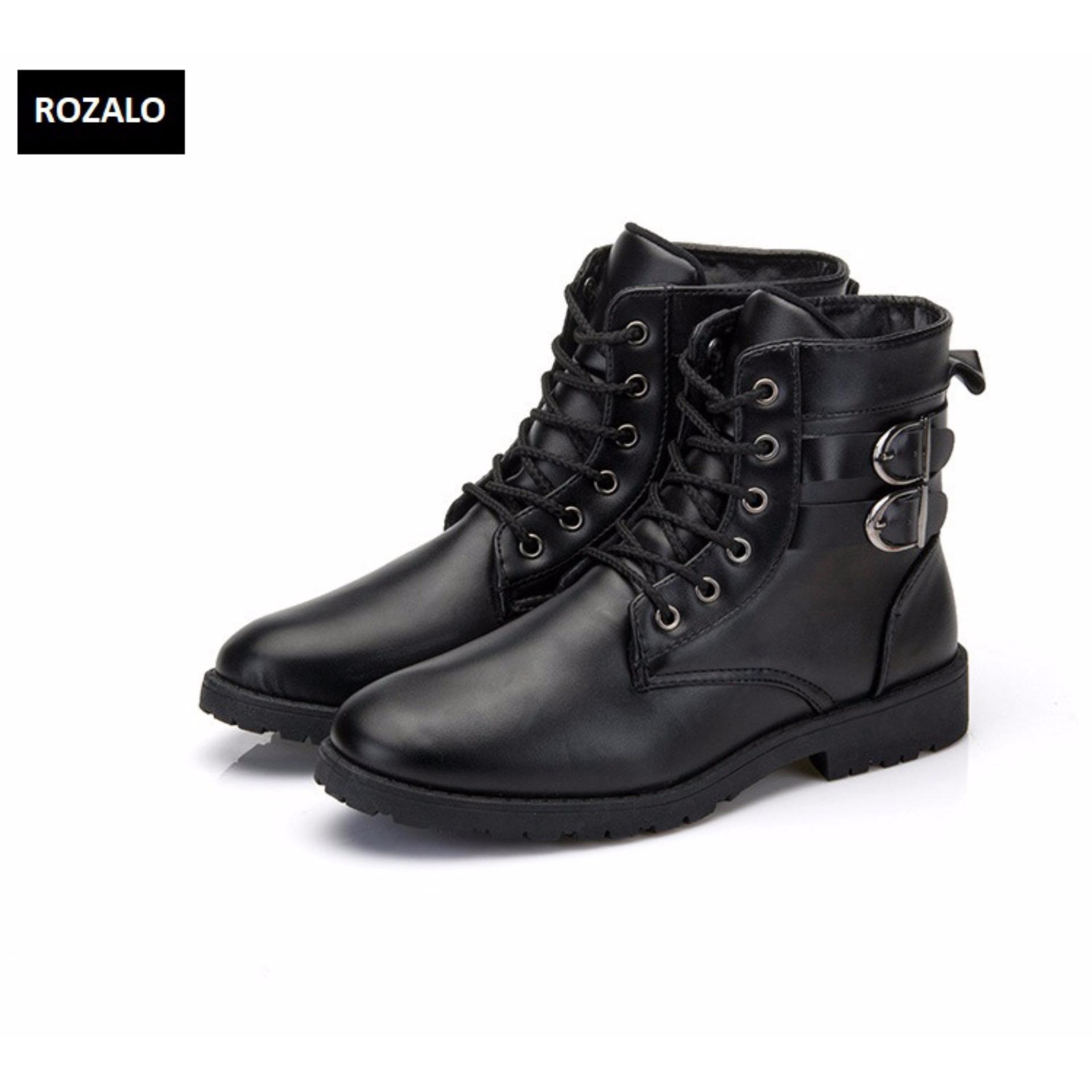 Giày boot nam cổ cao đính khuy cài kiểu quân đội Rozalo RM5281B -Đen