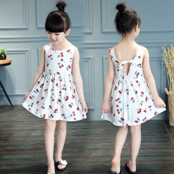 Girls Sweet Cotton Princess Dresses Cherry Flowers Dresses -White - intl  
