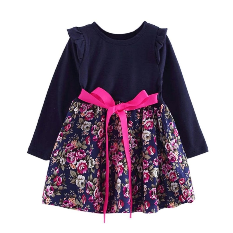 Nơi bán Kid Long Sleeve O-neck Casual Dress Girl Lovely Belt Stitching Floral Dress - intl