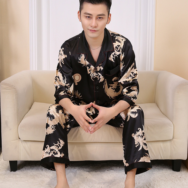 Men's Silk Printing Couple Home Suit Long Sleeved (two Pieces) (black) - intl