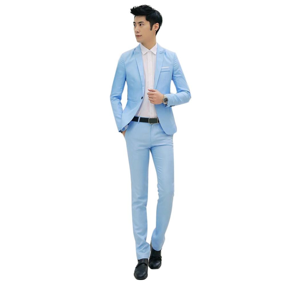 Moonar Fashion Men Business Leisure Single Button Suit Two-piece Suits Groom Wedding Party Sets ( Sky Blue ) - intl