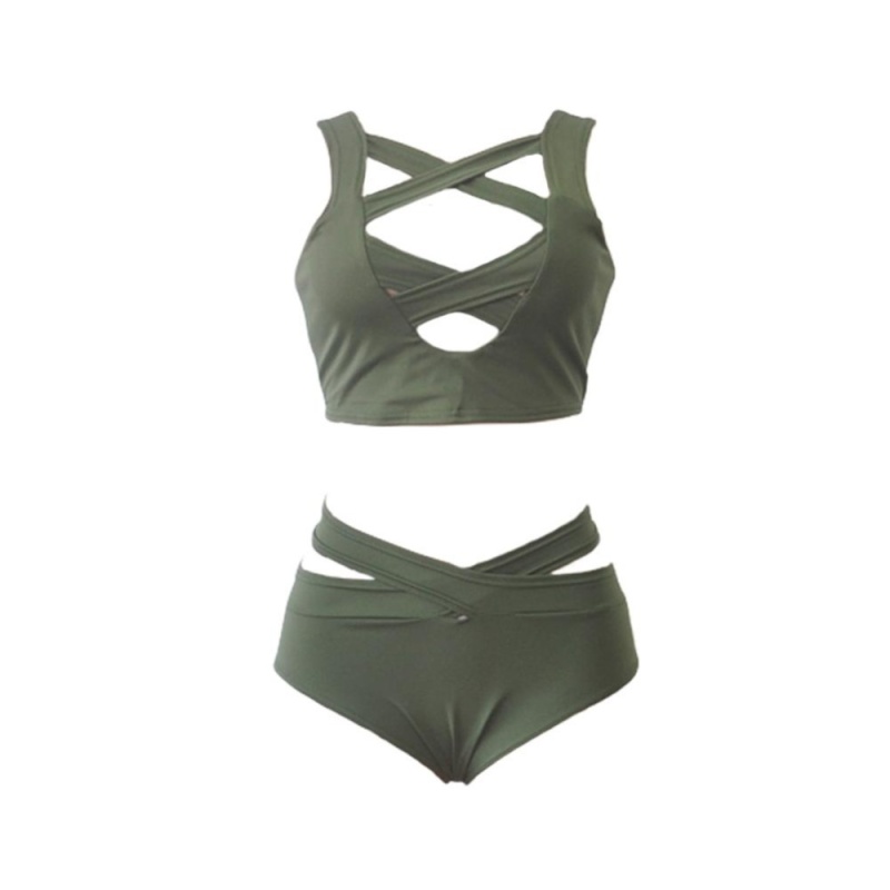Nơi bán moonar pure color cross bandage hollow bikini suit women beachwear travel summer swimwear bathing suit ( army green ) - intl