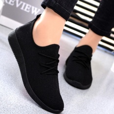 Moonar Thời Trang nữ Thoáng Khí cột dây Lưới Phẳng Giày Thể Thao Sneakers Giải Trí Chạy Đi Bộ (Đen) -quốc tế