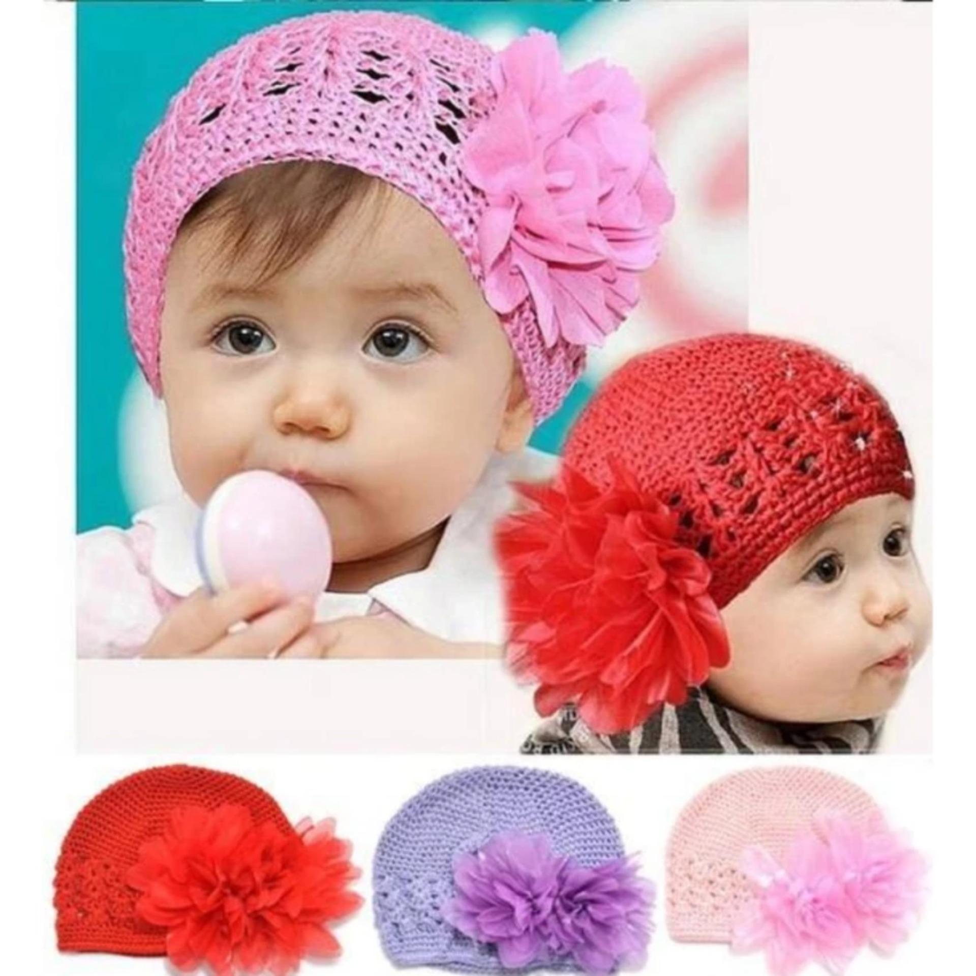 Mũ len dạng móc đính hoa cho bé gái từ 0-2 tuổi(Giao Màu ngẫu nhiên)