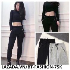 Quần Dài Thun Thể Thao Nữ Jogger Baggy Thời Trang – BT Fashion QTT001 (Dây Kéo – Đen)