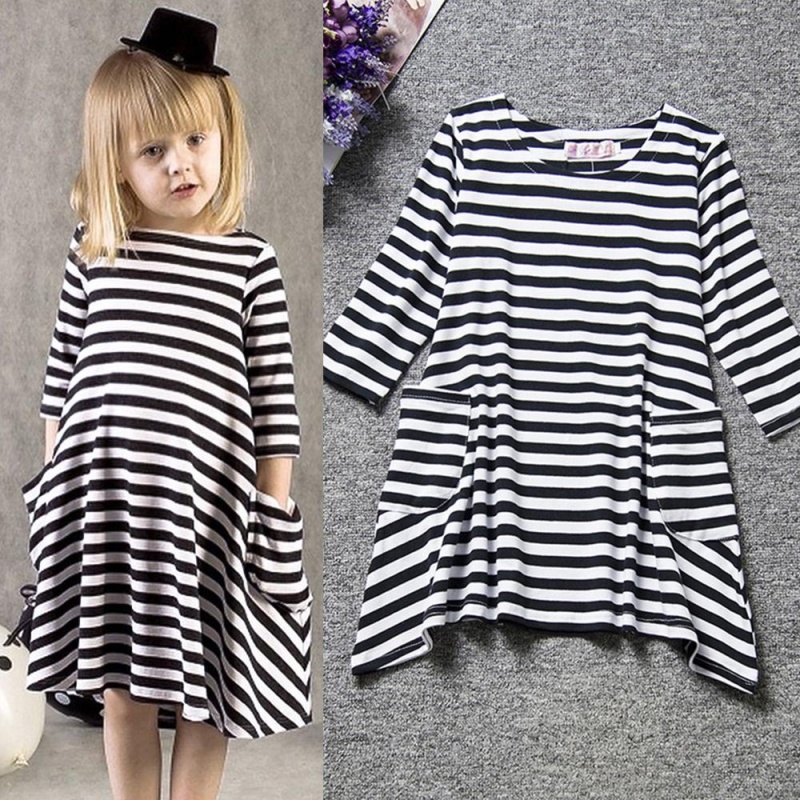 Nơi bán Summer Girls Dress Neww Arrival Black And White Striped Casual Long Sleeve Irregular Pocket Princess Dress (Color As The Picture) - intl