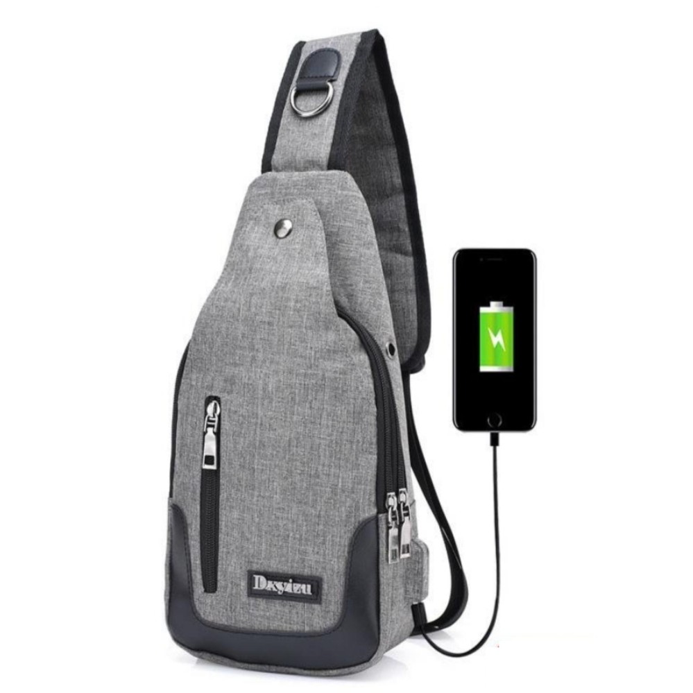 Túi đeo chéo nam cao cấp tích hợp cổng sạc USB ngoài (xám)