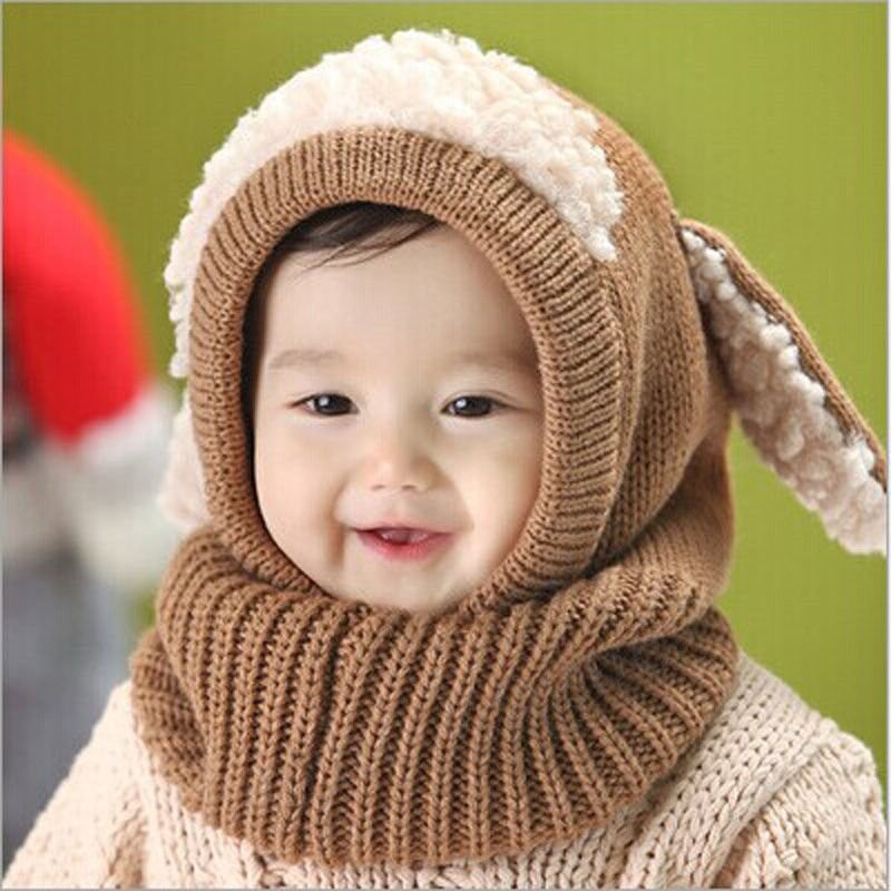 Winter Beanie Baby Kids Boy Girl Warm Hat Hooded Scarf Earflap Knitted Wool Cap Khaki