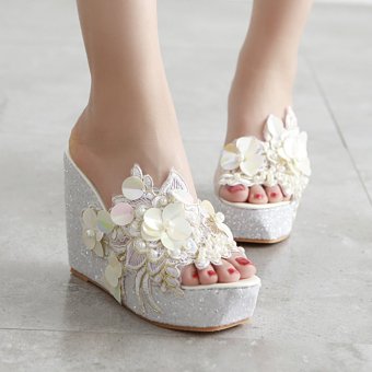 Womens Open Toe Wedge PU Korean Sandals with Pearl White - intl  