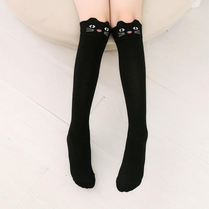 YBC Girl Cartoon Cotton Knee High Middle Tube Socks Black - intl