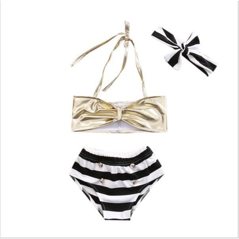 Nơi bán ZIKUF Black and White Stripes + Gold Bikini Children Swimsuit 3 Sets of Girls Baby Swimsuit Suit - intl