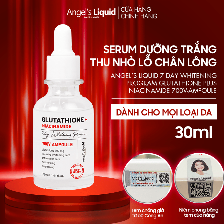 Huyết thanh dưỡng trắng 7 ngày, serum glutathione loại bỏ vết thâm nám Angel’s Liquid Glutathione Plus Niacinamide 700 V-ampoule 30ml