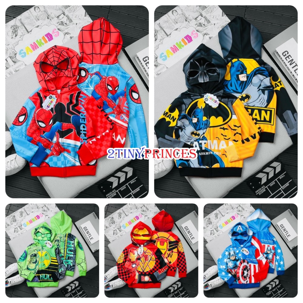 Áo khoác siêu nhân người nhện, khổng lồ xanh, đội trưởng mỹ, người sắt có nón trùm như mặt nạ...