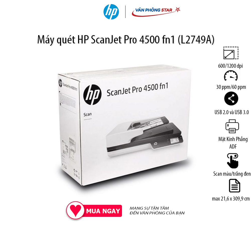Máy quét HP Scanjet Pro 4500 FN1 (L2749A) Scan hai mặt khổ giấy A4; Mặt kính phẳng; ADF. Tối đa...