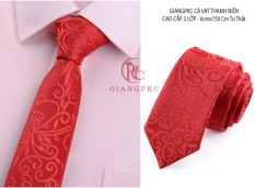 Cà vạt nam bản 6cm màu đỏ hoa văn nổi bật