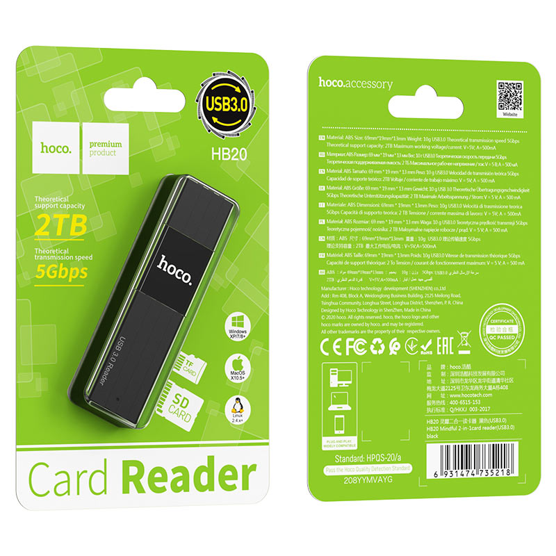 Đầu đọc thẻ nhớ 2.0 / 3.0 Hoco HB20 Mindful - hỗ trợ khe microSD/SD (Đen) - Hãng phân phối...