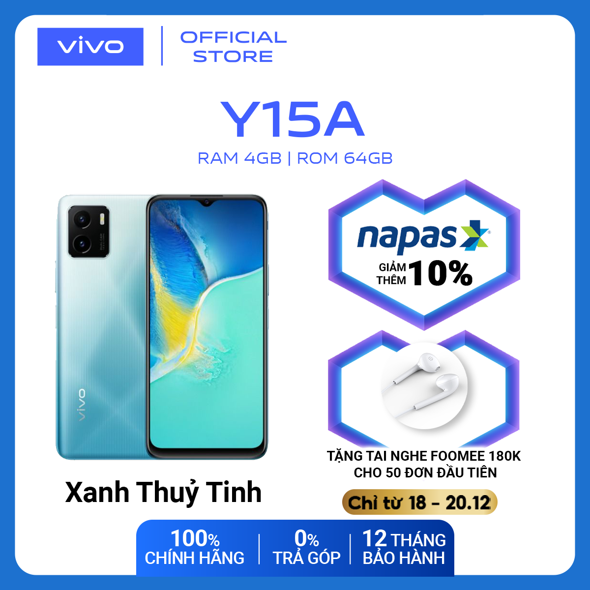 Voucher 200k giá chỉ còn 3350k | Điện thoại Vivo Y15A (4GB/64GB) – Hàng chính hãng Bảo hành 12 tháng – Trả góp 0%