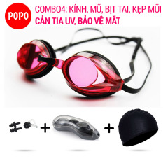 Kính bơi chuyên nghiệp 1154 mắt trong, mũ bơi trơn, bịt tai kẹp mũi POPO Collection