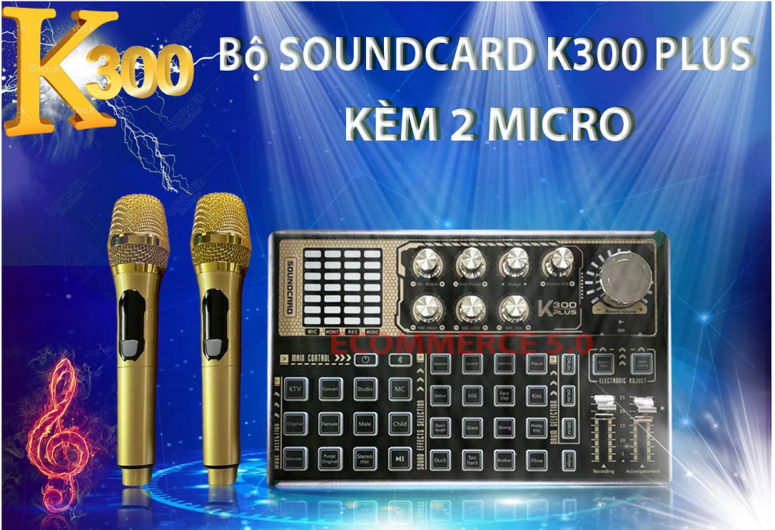 Trọn Bộ Combo Sound card K300 Plus -Kèm 2 Micro Karaoke Thu Âm Chuyên Nghiệp - Tính Năng Livestream Mới,...