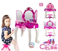 Đồ chơi bàn trang điểm mở hai cánh cửa có ghế, màu hồng, cỡ đại, dùng pin, có âm thanh và ánh sáng