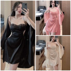 Váy Ngủ Sexy – Đầm 2 Dây Cúp Ngực Rút Eo Kèm Áo Choàng Tay Loe Rộng Lụa Latin Siêu Sang Freesize