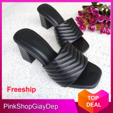 (Miễn ship) Guốc, dép cao gót da cao cấp PinkShopGiayDep quai ngang lượn sóng siêu xinh