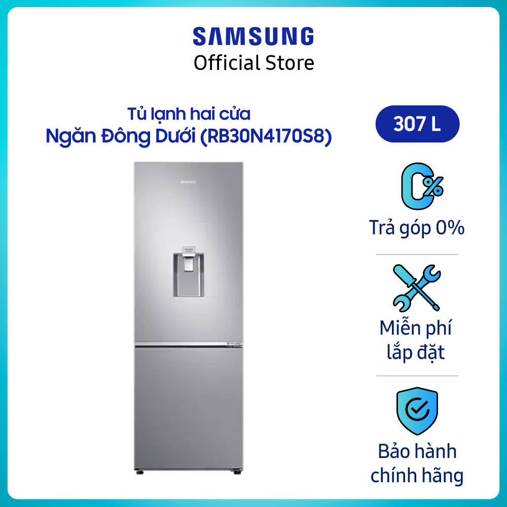 [Freeship toàn quốc tối đa 1tr2 22-31.7]Tủ lạnh 2 cửa ngăn đông dưới Samsung Inverter 307 lít RB30N4170S8/SV – Hàng phân phối chính hãng, tiết kiệm điện