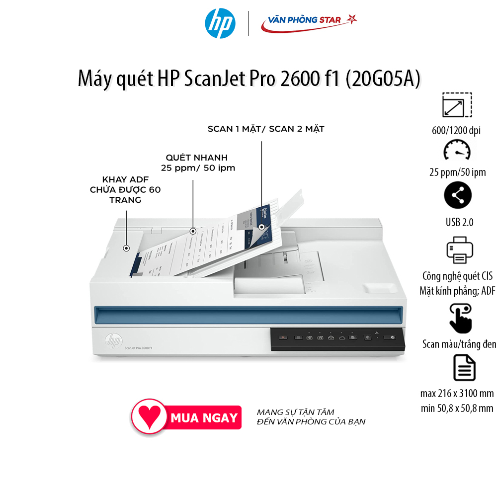 Máy quét HP ScanJet Pro 2600 f1 (20G05A) ADF; Công nghệ quét CIS; Mặt kính phẳng; Lên đến 25 ppm/50...