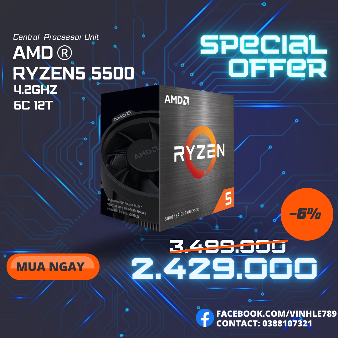 CPU AMD Ryzen 5 5500 ( 3.6GHz Boost 4.2GHz / 6 nhân 12 luồng / 16MB / AM4)