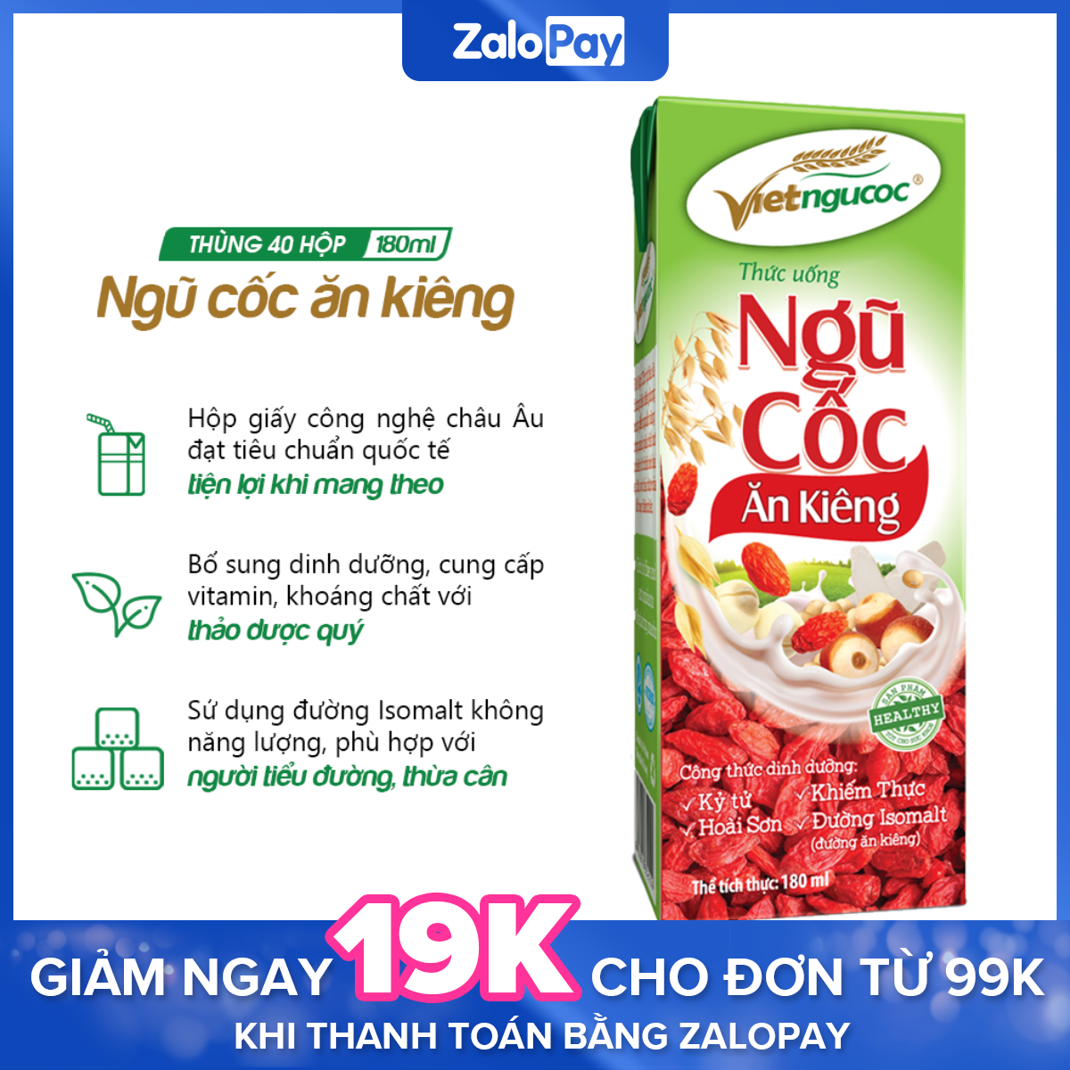 Thùng 40 hộp Thức uống Ăn kiêng uống liền Việt Ngũ Cốc – 180ml/hộp