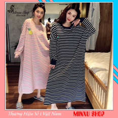 Váy Ngủ Dài Tay Mùa Thu Đông Đầm Ngủ Chất Thun Mềm Mịn Minxu Shop, Họa Tiết Sọc Thêu Trái Cây Mặc Xinh Dễ Thương (Mã VK)