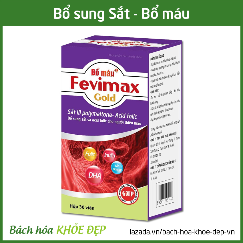 Viên uống Bổ máu Fevimax Gold bổ sung Sắt, Acid Folic cho người thiếu máu não, phụ nữ mang thai...