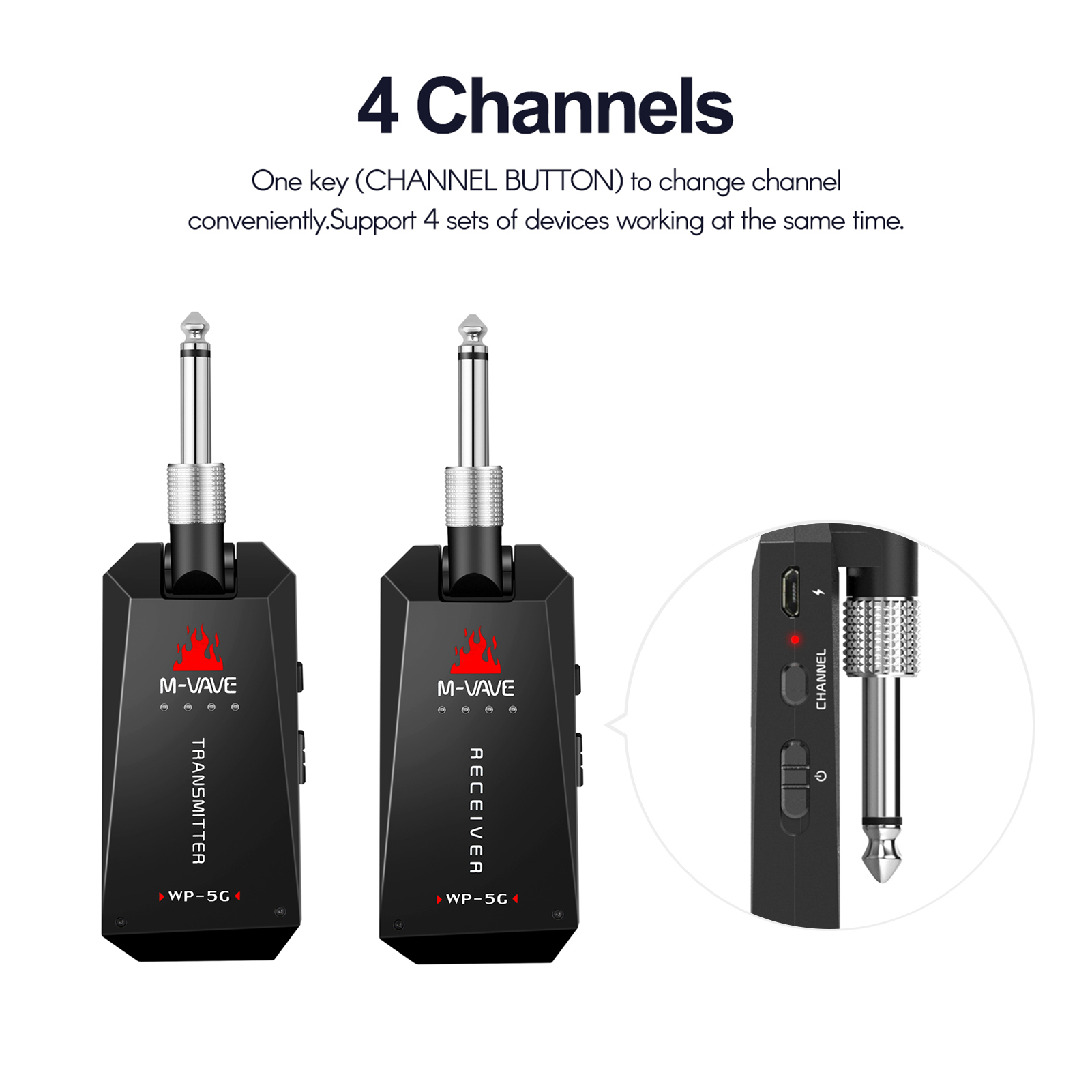M-VAVE WP-5G Wireless 5.8G Guitar System Rechargeable Audio Transmitter and Receiver ISM Band for Electric Bass Guitars Amplifier Accessories