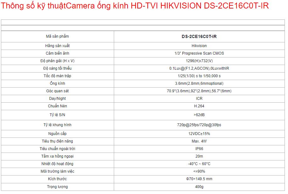 [BẢO HÀNH 5 năm] Camera HIKVISION DS-2CE16C0T-IRP 1.0Mp – Camera giám sát an ninh