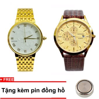 Bộ 2 sản phẩm đồng hồ dây da nam Baishuns + Tặng kèm pin dự phòng CB629  
