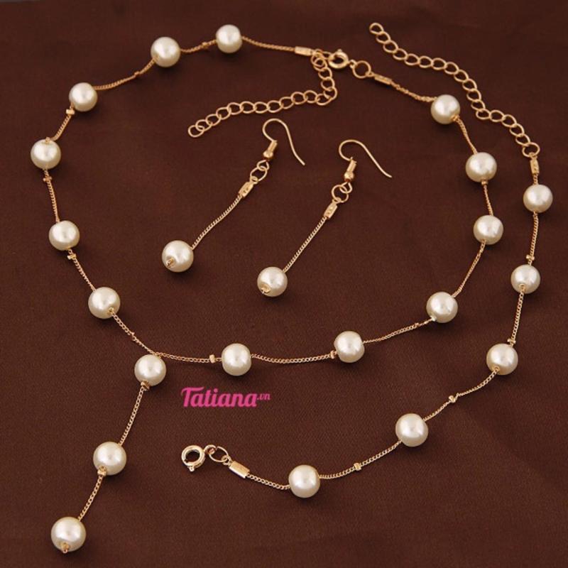 Bộ Trang Sức Hạt Trai Dài Màu Vàng - D2392