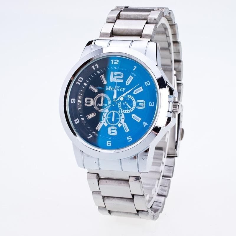 Bounabay Brand Men's Bright Blue False 3 Eyes Dial Alloy White Strap Quartz Wrist Watch - intl