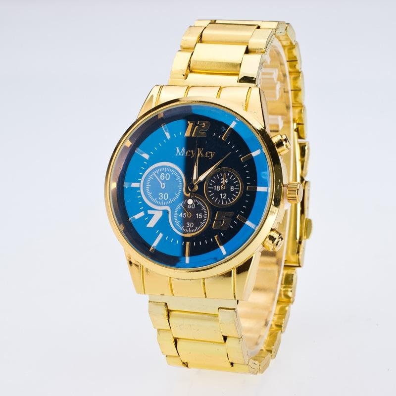 Bounabay Brand Men's Business Bright Blue False 3 Eyes Decorative Dial Gold Alloy Strap Quartz Wrist Watch - intl
