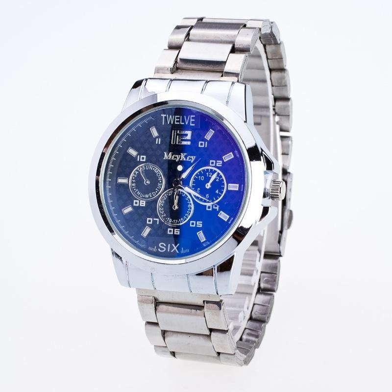 Bounabay Brand Men's Fashion Bright Blue False 3 Eyes Decorative Dial White Alloy Strap Quartz Wrist Watch - intl
