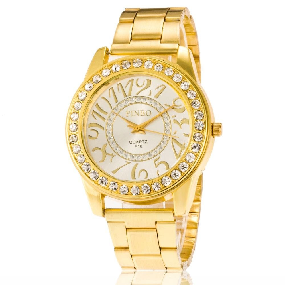 Bounabay Brand Men's Golden 12 Digit Dial Diamond Bezel Alloy Strap Quartz Wrist Watch - intl
