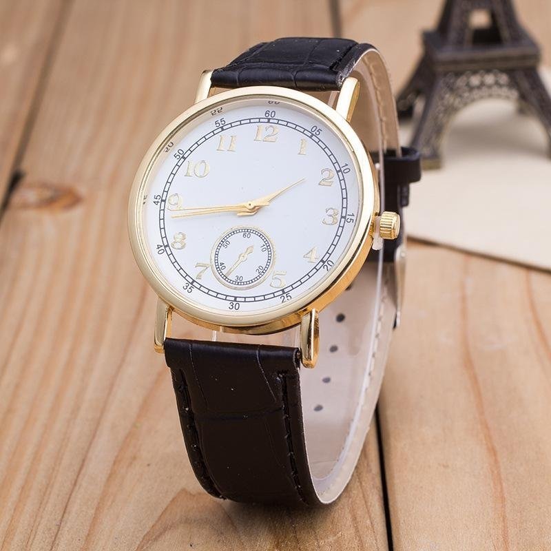 Bounabay Brand Men's Golden Bezel 12 Numbers Dial Leather Strap Quartz Wrist Watch - intl