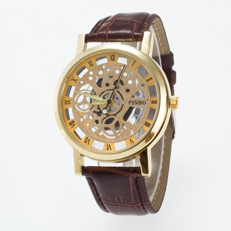 Bounabay Brand Men's Roman Numbers Scale Originality Hollow Dial Leather Strap Quartz Wrist Watch - intl