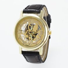 Bounabay Brand Men’s Round Case Four Roman Number Hollow Dial Leather Strap Quartz Wrist Watch – intl