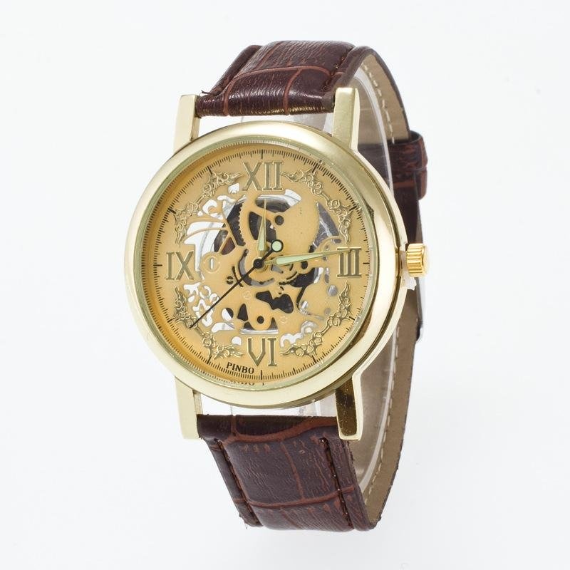 Bounabay Brand Men's Round Case Four Roman Number Hollow Dial Leather Strap Quartz Wrist Watch - intl