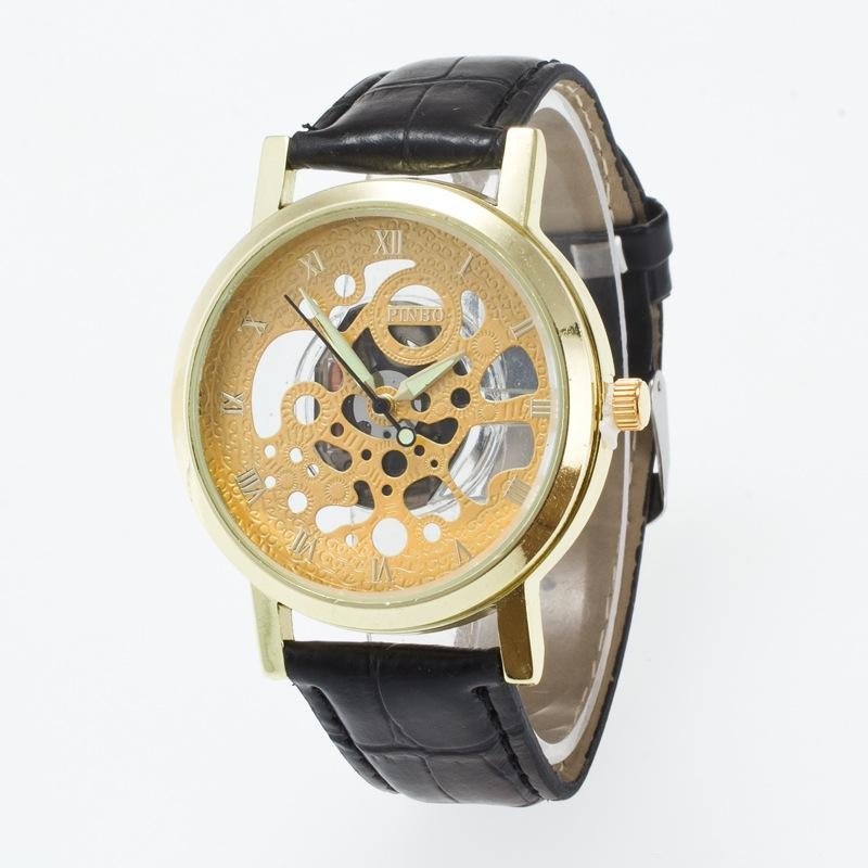 Bounabay Brand Men's Round Case Roman Numbers Hollow Dial Leather Strap Quartz Wrist Watch - intl