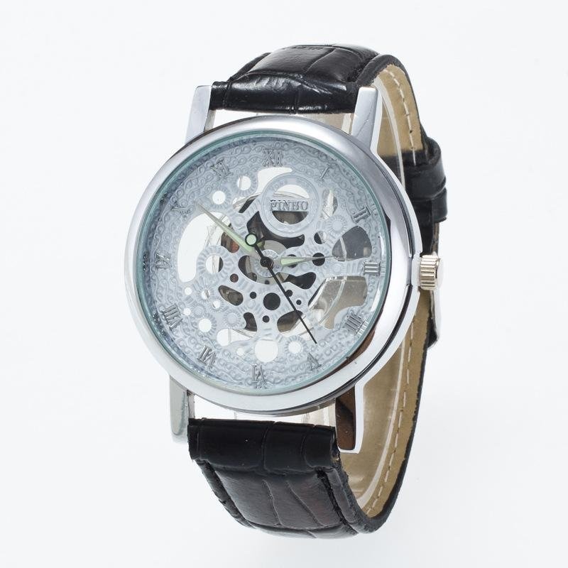 Bounabay Brand Men's Round Case Roman Numbers Hollow Dial Leather Strap Quartz Wrist Watch - intl