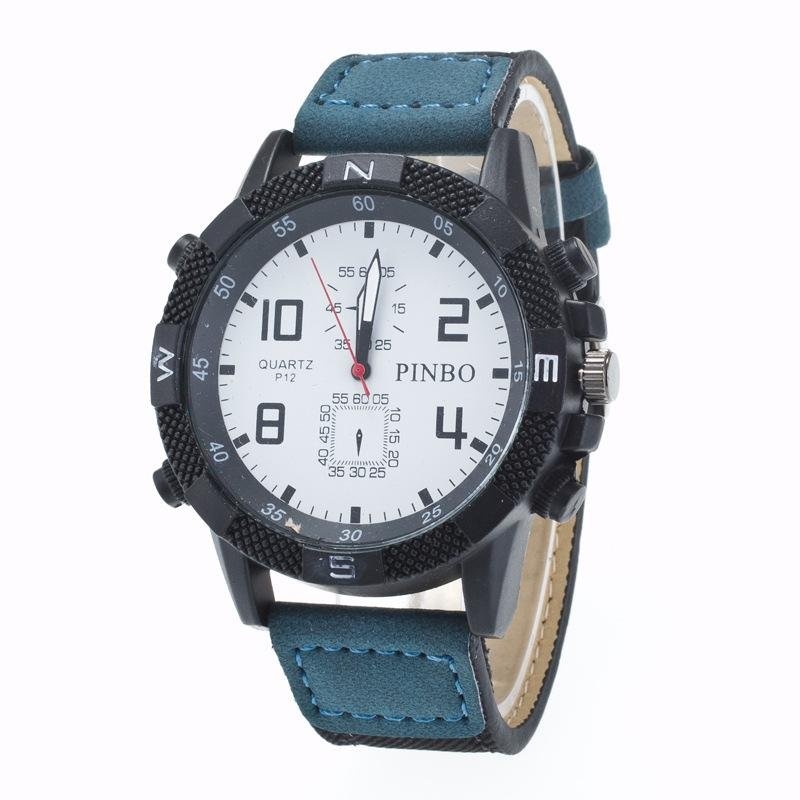 Bounabay Brand Men's Simple Fashion Round Case False 2 Eyes 4 Digital Dial Leather Strap Quartz Wrist Watch - intl
