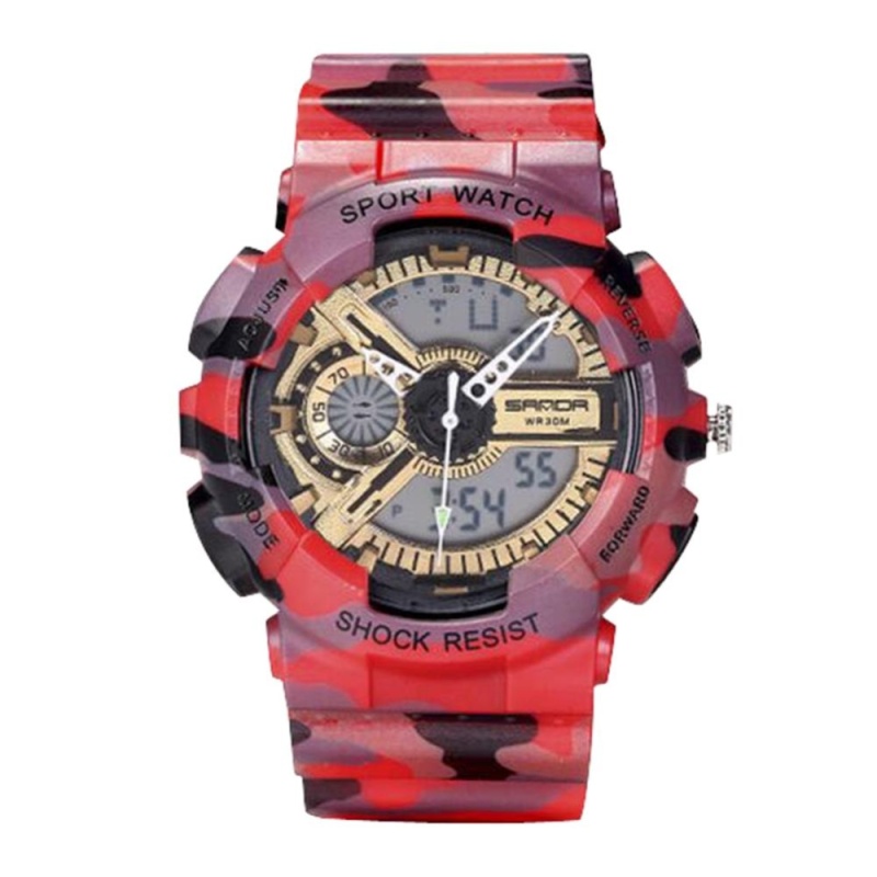 Camouflage Multi Function Double Show Waterproof Shake Proof Sports Watch(Red)-one size - intl bán chạy